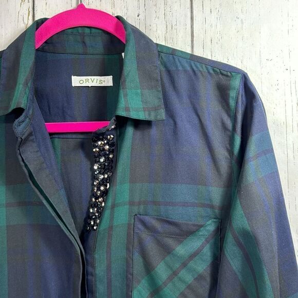 Orvis Womens Plaid Button Down Shirt with Beaded Trim Green Navy Preppy Classic - Picture 4 of 16